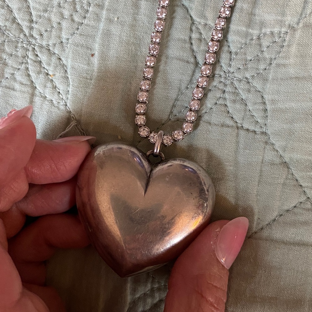 Sterling CZ Tennis Necklace w/ Huge Sterling Heart Pendant - Picture 11 of 17